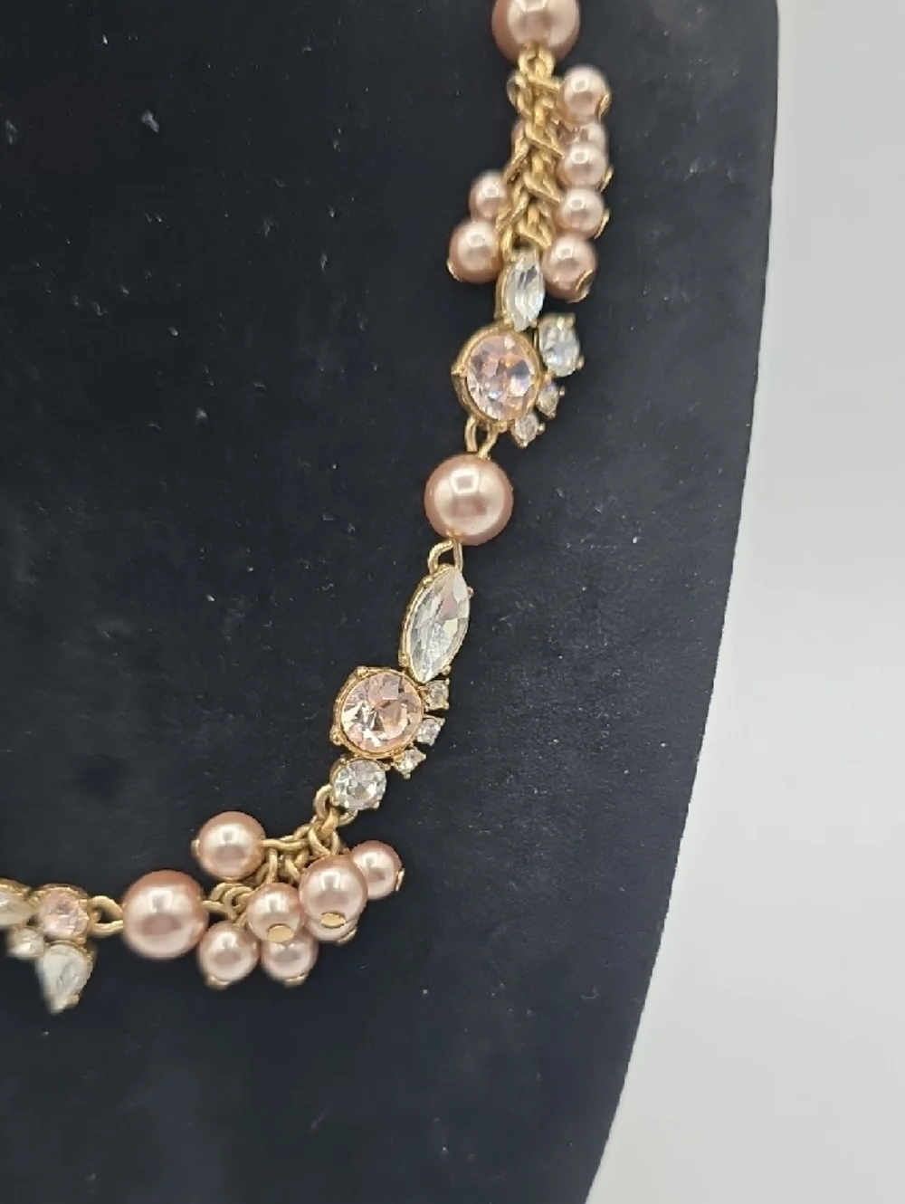 J. Crew Gold-Tone Necklace with Blush Pearl Clusters and Clear Crystals